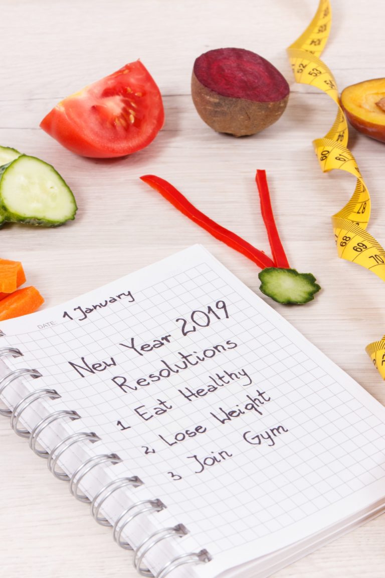 New year resolutions for 2019 and clock made of fresh fruits with vegetables and centimeter
